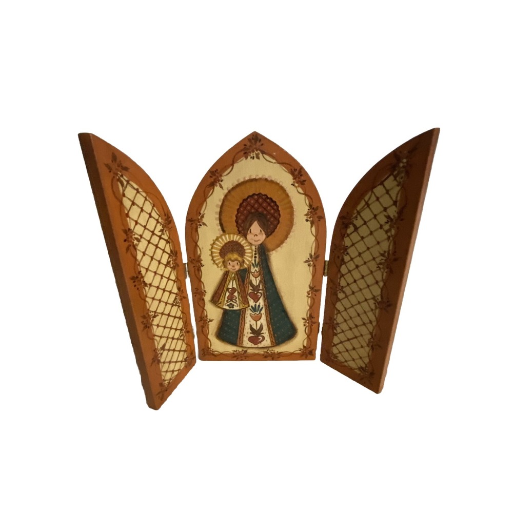Vintage Madonna Child Wood Shrine Hinged Folding Altar Folk Art Hand Painted
